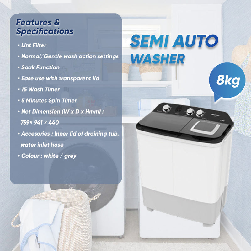 Sharp Semi Auto Washing Machine Washer ( 8kg ) ESTP8016