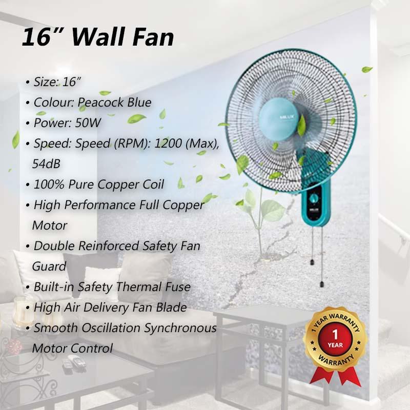 Milux 16" Wall Fan MWF-1601SE (PEACOCK)