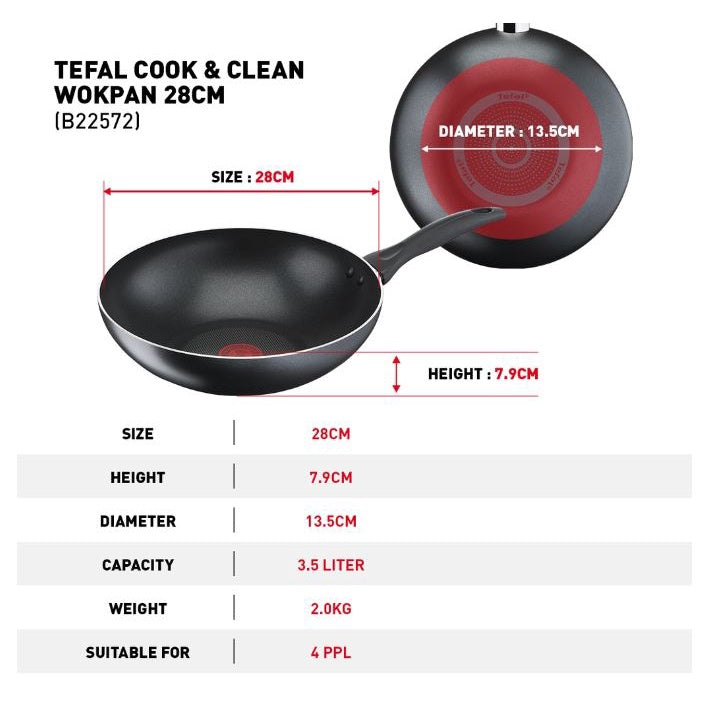 Tefal Cook & Clean 4pcs Set Wokpan 28cm + Saucepan 16cm Non-Stick B225S4