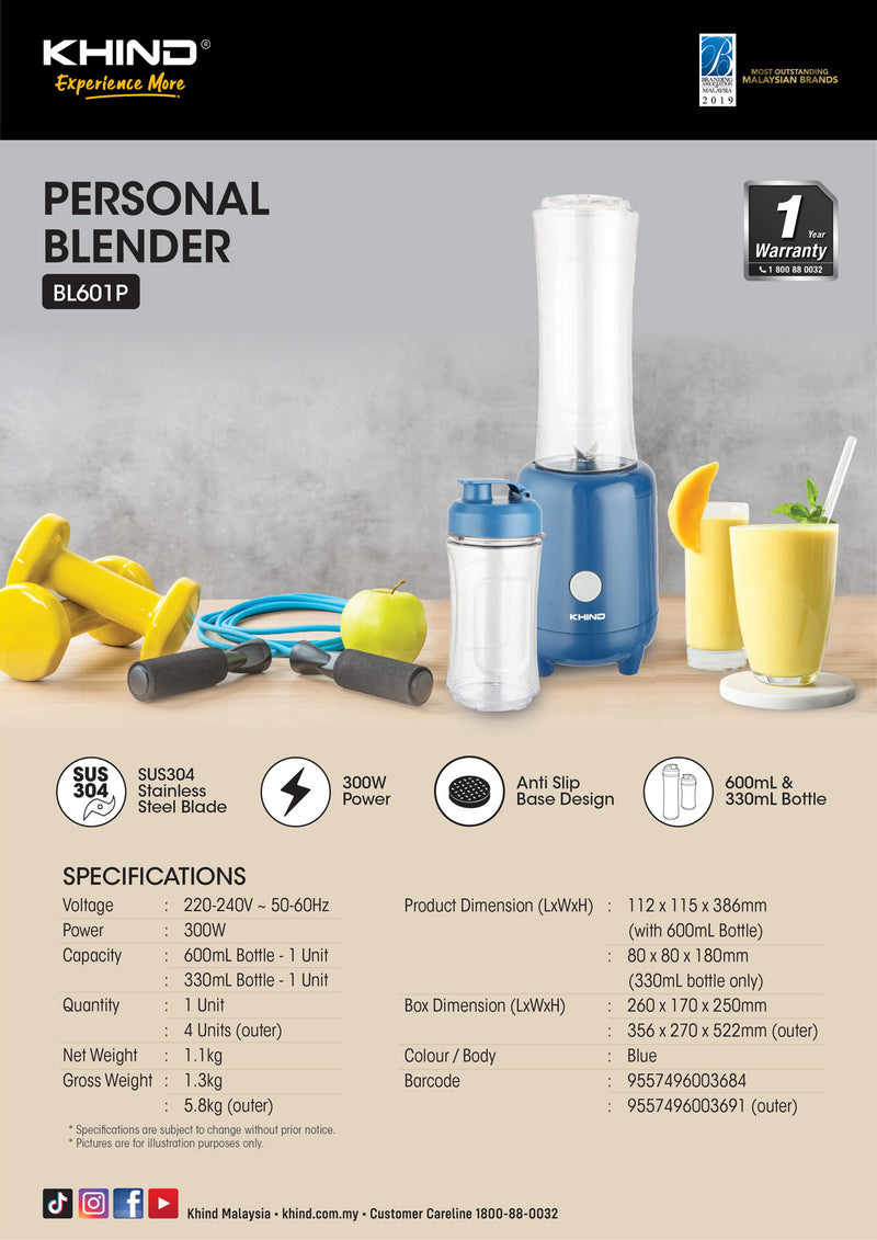 Khind 0.6L Personal Blender BL601P (BLUE) pengisar