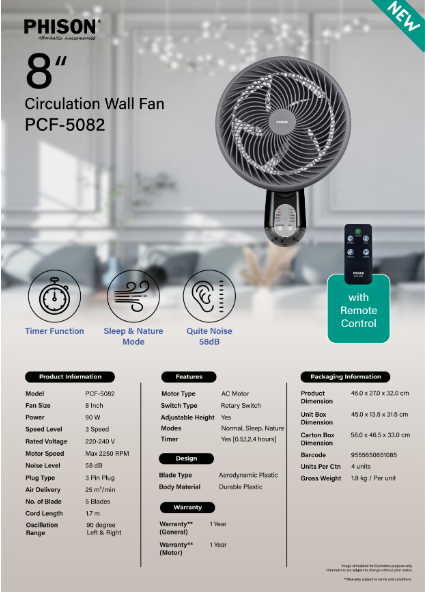 Phison Circulation Wall Fan 8" with Remote PCF-5082