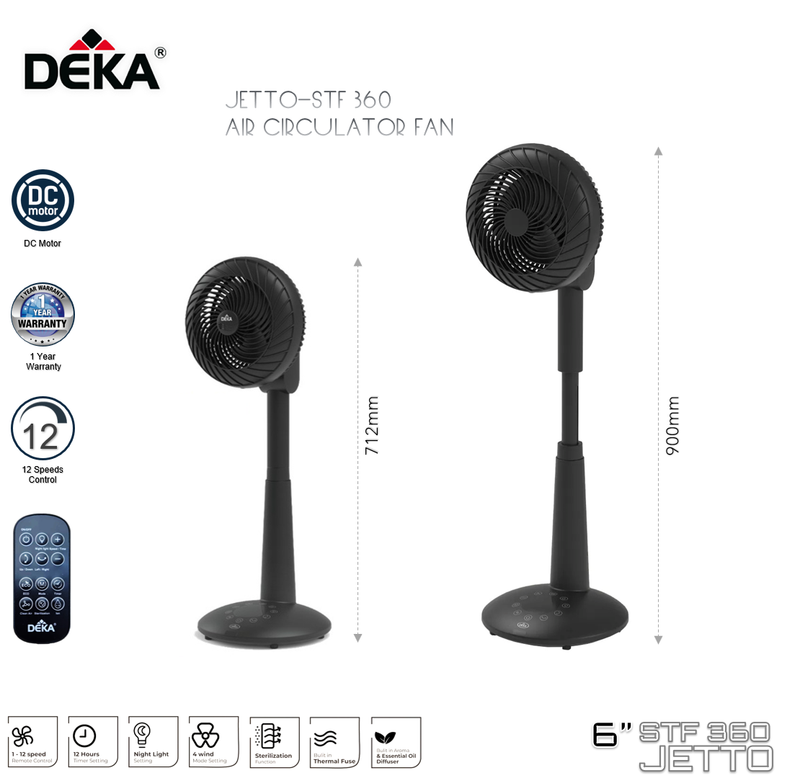 Deka 6" Air Circulator Fan DC Motor with Remote Control JETTO-STF360BK