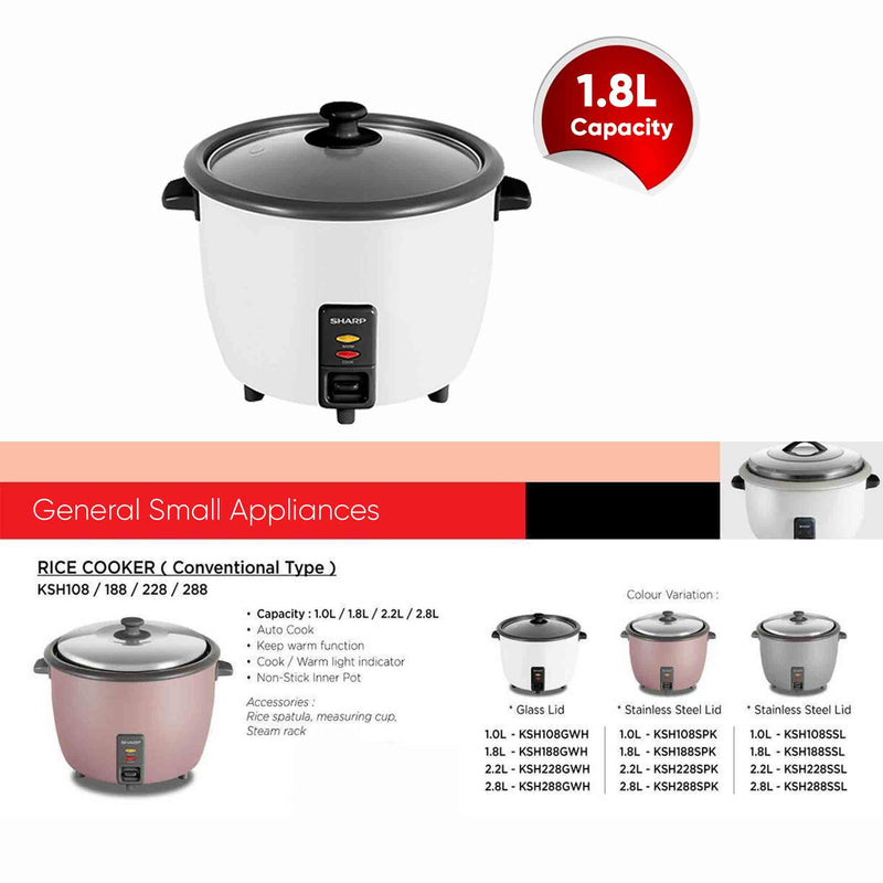 Sharp 1.8L Rice Cooker With Glass Lid KSH188GWH