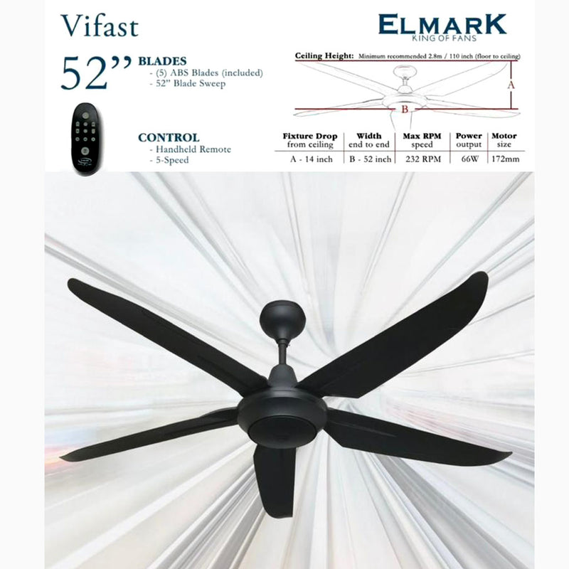 Elmark 52" Vifast ABS Blades 5 Speed Remote Control Ceiling Fan VIFAST(MBK)