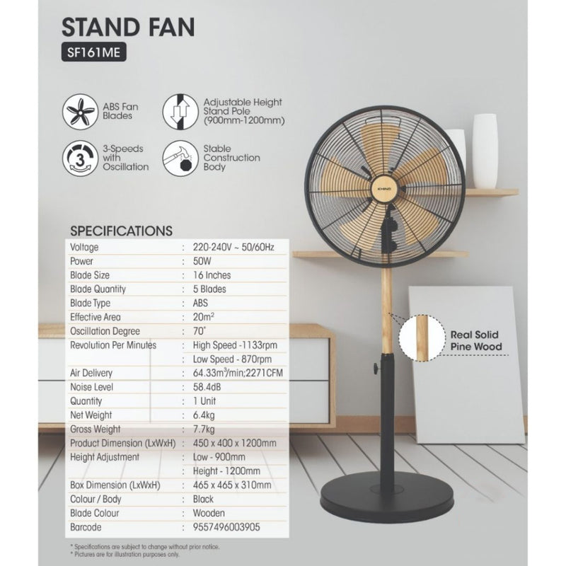 Khind 16’’ Stand Fan Real Solid Pine Wood SF161ME