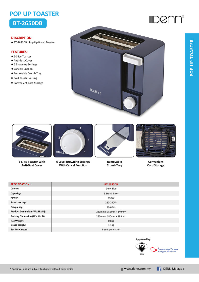 DENN Bread Toaster 2-Slice Pop Up BT-2650DB