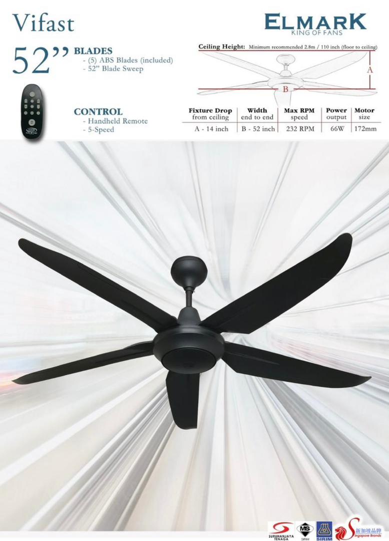 Elmark 52" Vifast ABS Blades 5 Speed Remote Control Ceiling Fan VIFAST(MBK)