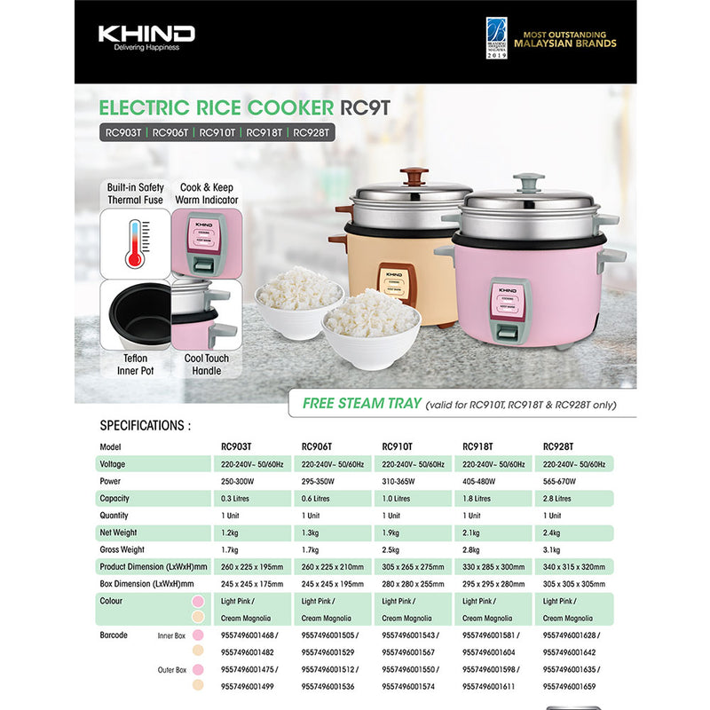 Khind 2.8L 9 series Electric Rice Cooker RC928T