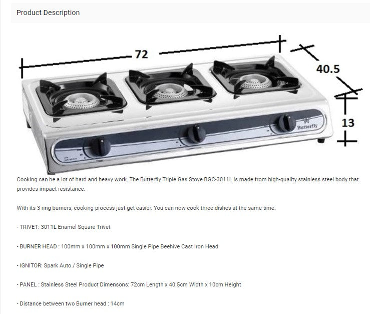 Butterfly Triple Burner Gas Stove BGC-3011L