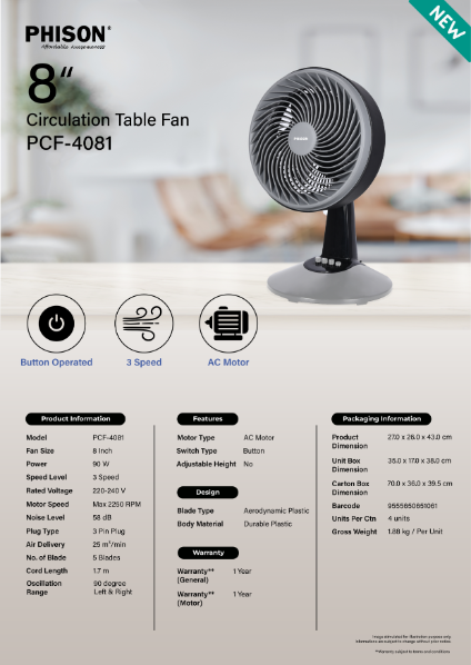 Phison Circulation Table Fan 8" PCF-4081