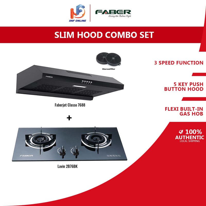 Faber Slim Hood FABERJET CLASSO 7688 + Faber Built-In Glass Cooker Hob LAVIN 2B/76BK