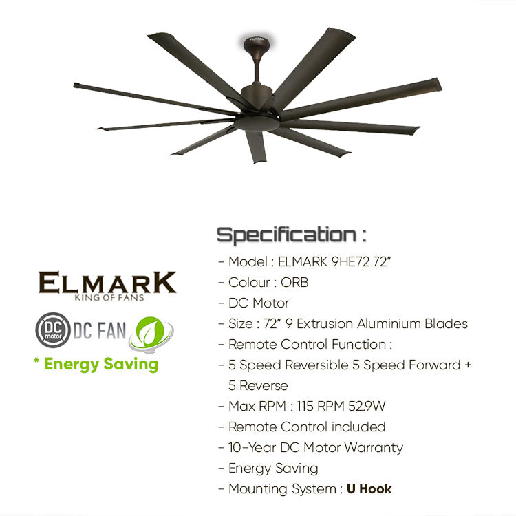 Elmark 72" 9HE DC Motor Ceiling fan with Remote control 9HE72 9HE-RB