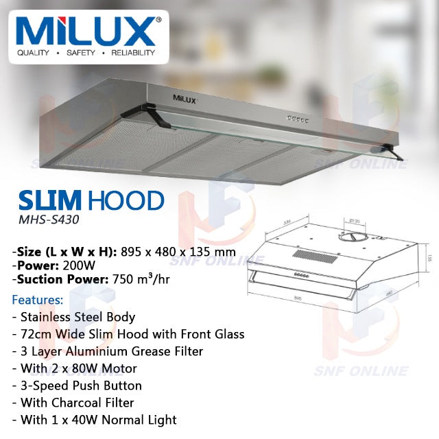 Milux Stainless Steel Slim Hood MHS-S430