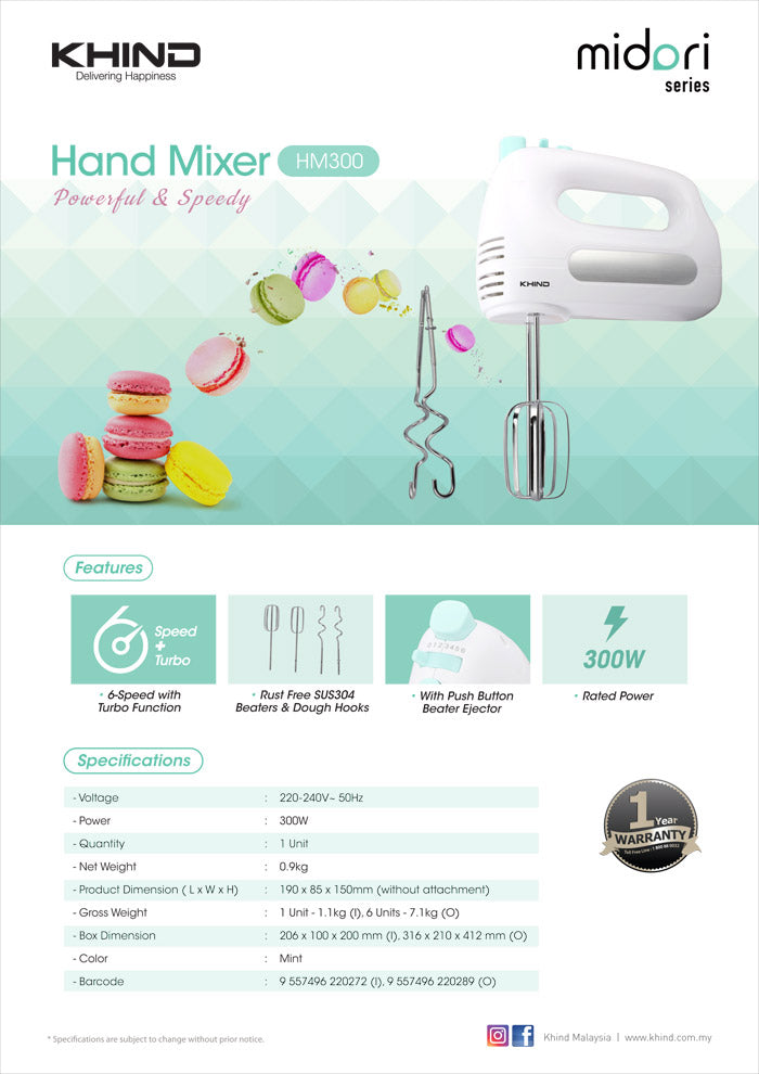 Khind Hand Mixer HM300 Pengadun Kek