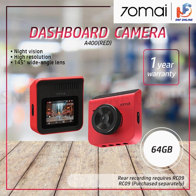 70Mai A400 Car Recorder Dash Cam QHD 1440P Rear Cam Night Vision 145 FOV WDR App Control Smart 70M-A400-RD + 64GB