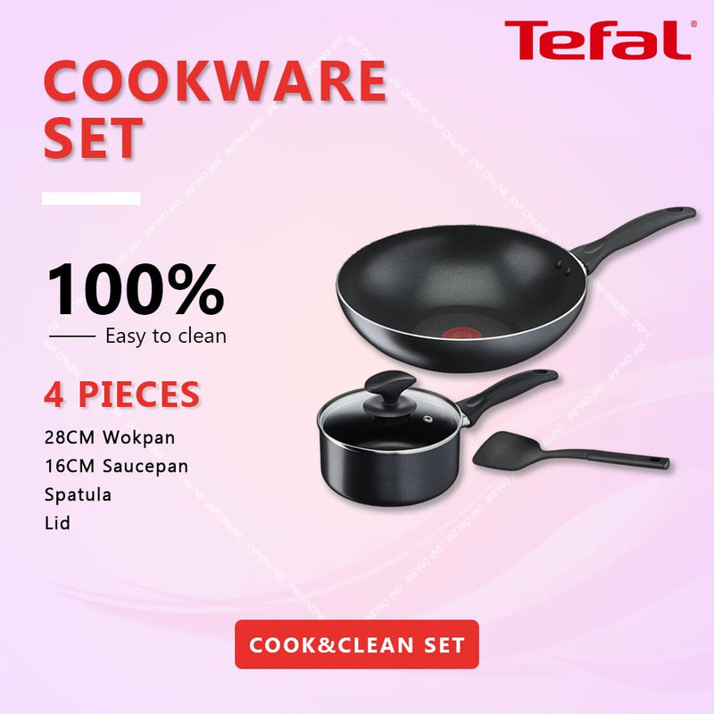 Tefal Cook & Clean 4pcs Set Wokpan 28cm + Saucepan 16cm Non-Stick B225S4