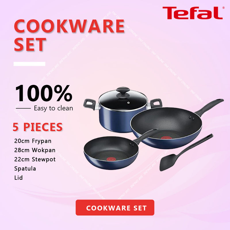 Tefal Cookware 5pcs Set Frypan 20cm + Wokpan 28cm + Stewpot 22cm Non-Stick B266S5