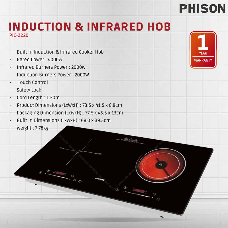 Phison 2 Burner 2000W + 2000W Built In Induction & Infrared Cooker Hob PIC-2220