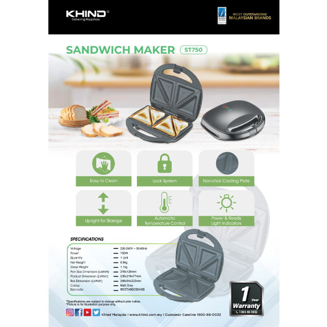 Khind Sandwich Toaster Pembakar Roti Sandwich ST-750 ST750