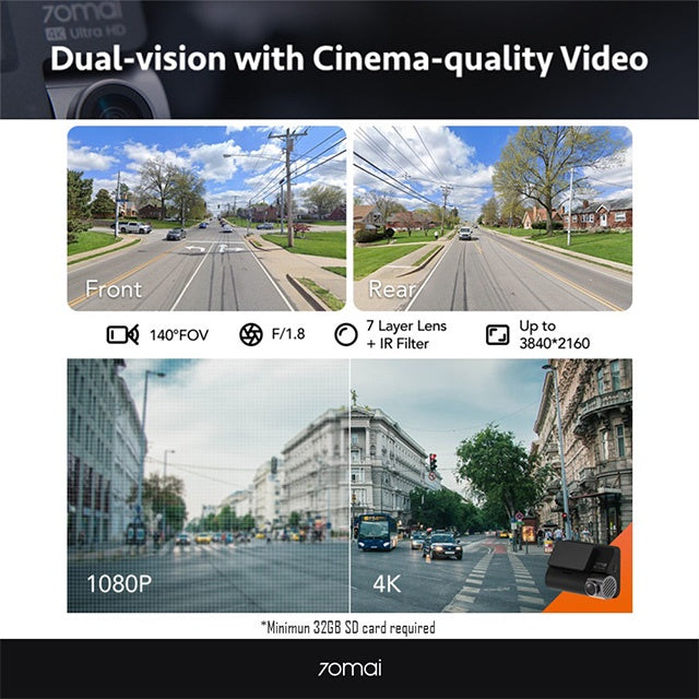70Mai A800S Dual vision 140 Rear Cam FOV 4K Ultra HD Screen Dash Cam Rear APP Control 24h Night Vision A800 A800S + 64GB