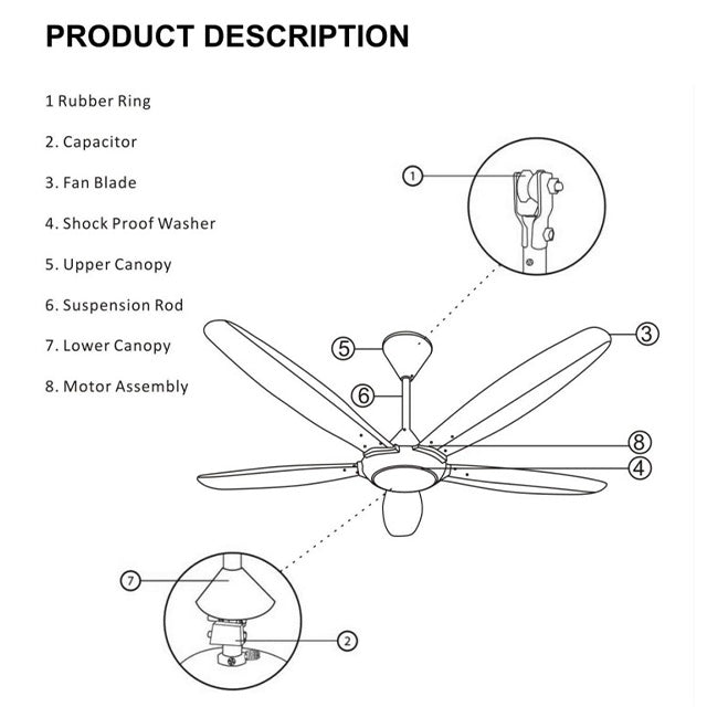 Elba 56'' 5 Speed Regulator Control Ceiling Fan 5 Blades ECF-K5605BK