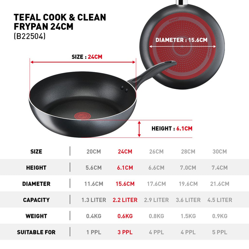 Tefal 24cm Cookware Cook & Clean Frypan Pan Non-Stick B22504 B2250495