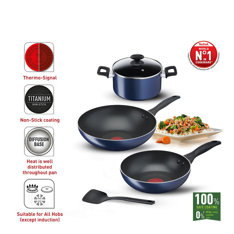 Tefal Cookware 5pcs Set Frypan 20cm + Wokpan 28cm + Stewpot 22cm Non-Stick B266S5